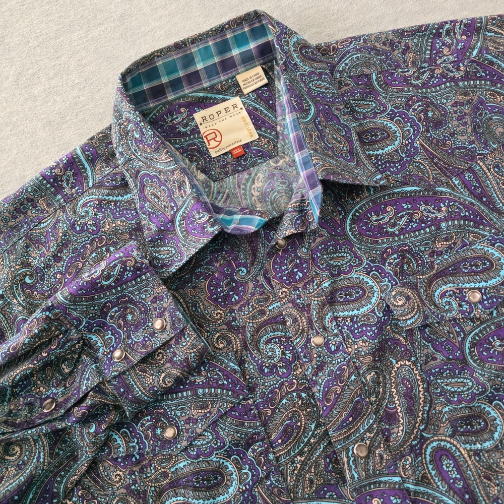 Roper Mens 2XL Western Snap Button Paisley Shirt Purple Turquoise